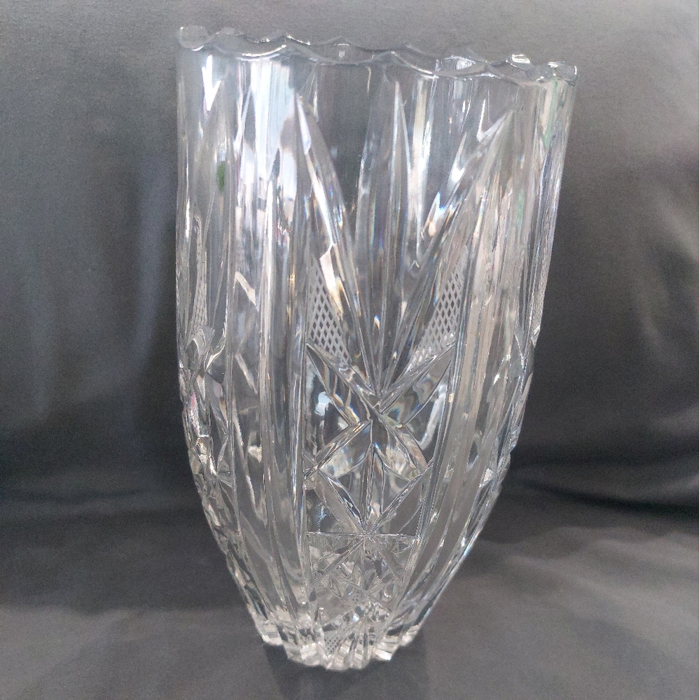 24% Lead Crystal Vase hand cut with some etching.